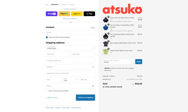 Atsuko checkout page showing Atsuko discount code box | Screenshot taken by SimplyCodes community member on Aug 4, 2025