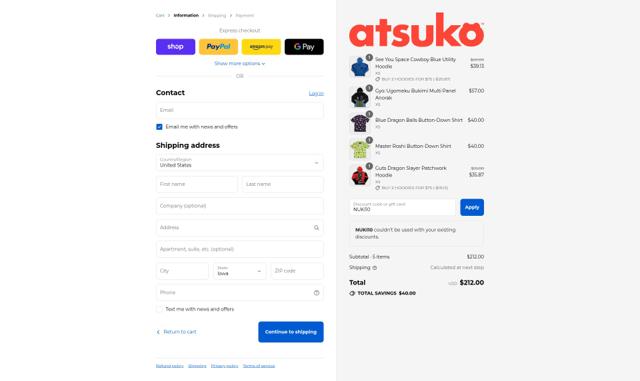 Atsuko checkout page showing Atsuko discount code box | Screenshot taken by SimplyCodes community member on Sep 8, 2025