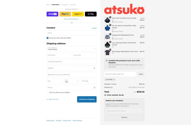 Atsuko checkout page showing Atsuko discount code box | Screenshot taken by SimplyCodes community member on Jul 31, 2025