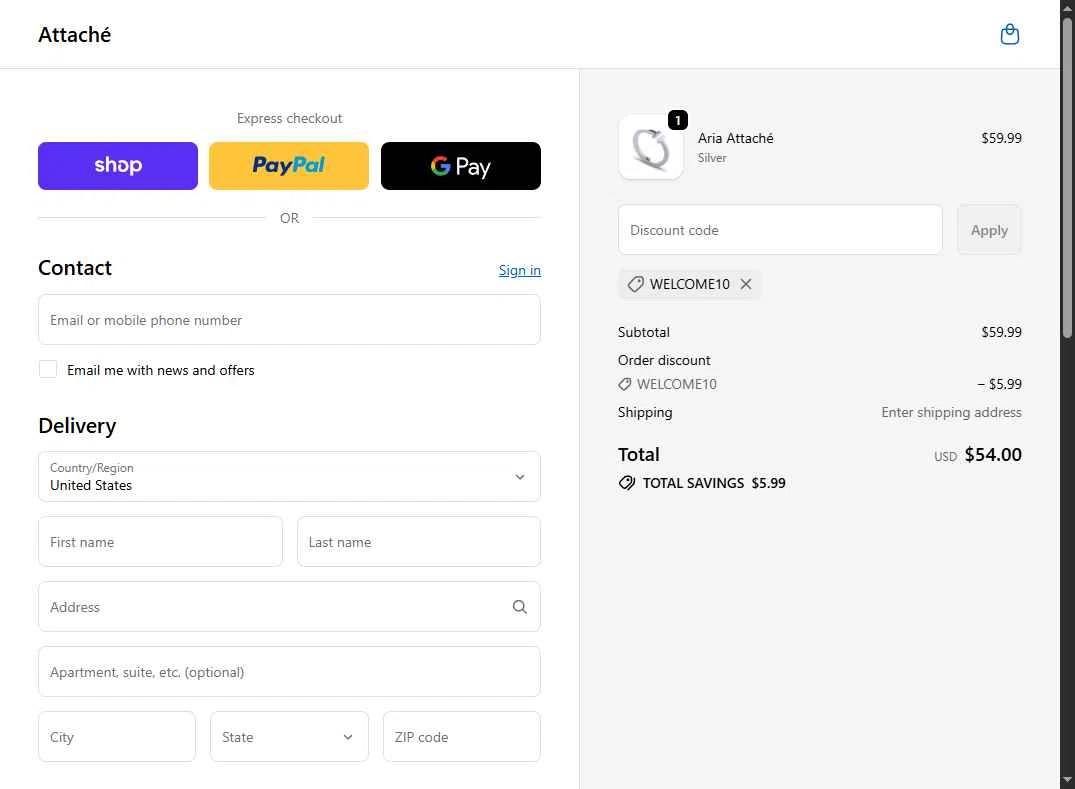 Attaché checkout page showing Attaché promo code box | Screenshot taken by SimplyCodes community member on Oct 13, 2025