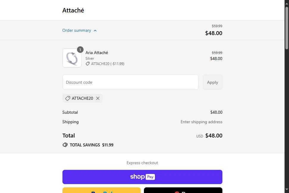 Attaché checkout page showing Attaché promo code box | Screenshot taken by SimplyCodes community member on Aug 2, 2025