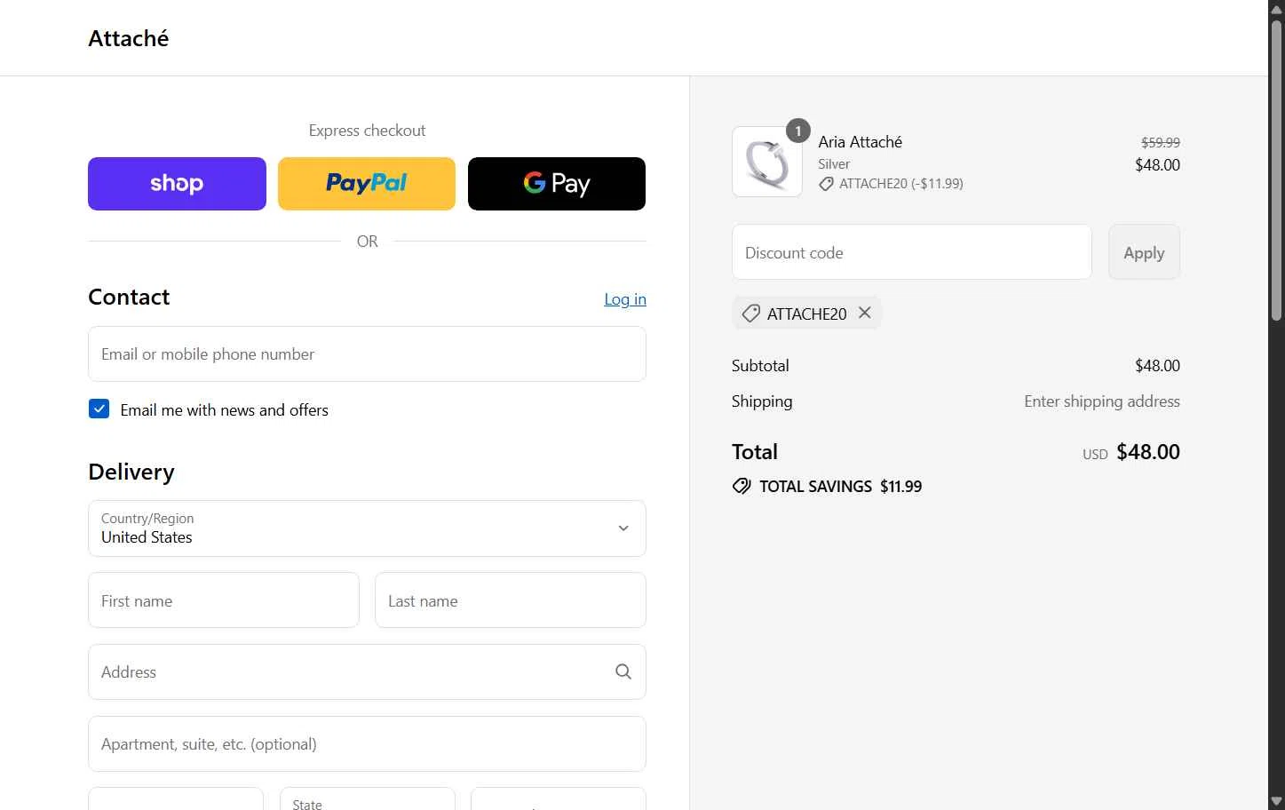 Attaché checkout page showing Attaché promo code box | Screenshot taken by SimplyCodes community member on Aug 31, 2025
