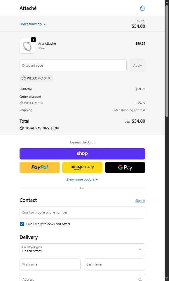 Attaché checkout page showing Attaché promo code box | Screenshot taken by SimplyCodes community member on Sep 29, 2025