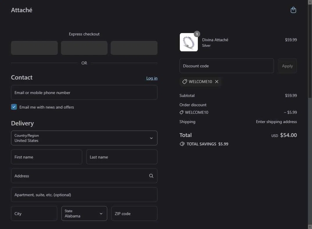 Attaché checkout page showing Attaché promo code box | Screenshot taken by SimplyCodes community member on Aug 2, 2025