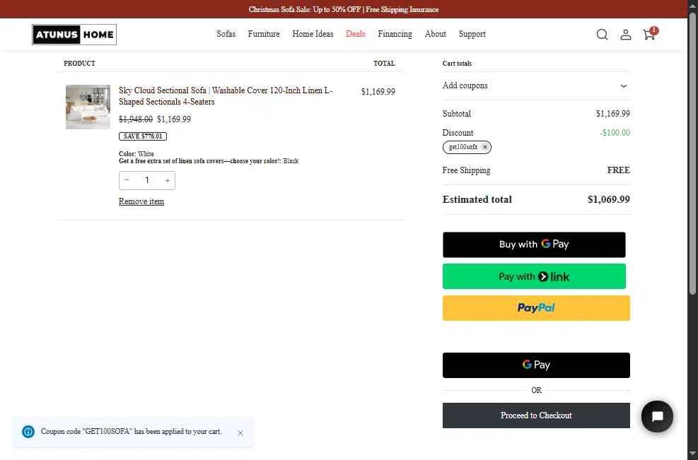 Atunus Home Furniture checkout page showing Atunus Home Furniture promo code box | Screenshot taken by SimplyCodes community member on Jan 4, 2026