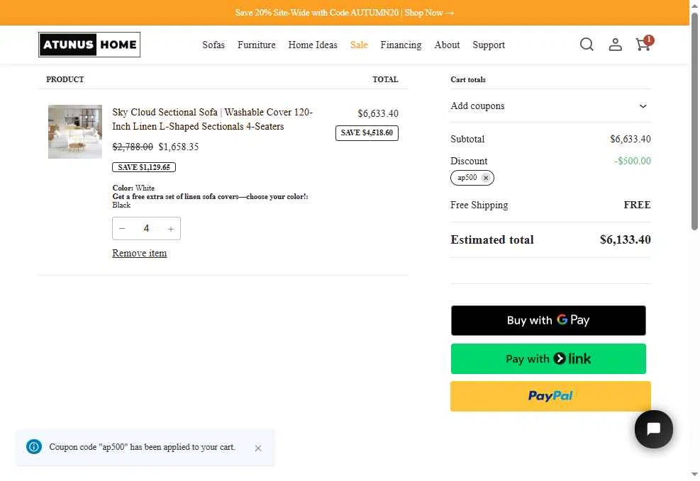 Atunus Home Furniture checkout page showing Atunus Home Furniture promo code box | Screenshot taken by SimplyCodes community member on Oct 31, 2025