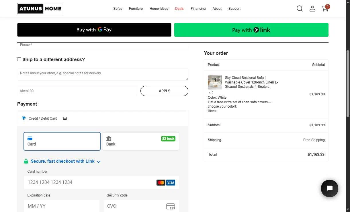 Atunus Home Furniture checkout page showing Atunus Home Furniture promo code box | Screenshot taken by SimplyCodes community member on Jan 4, 2026