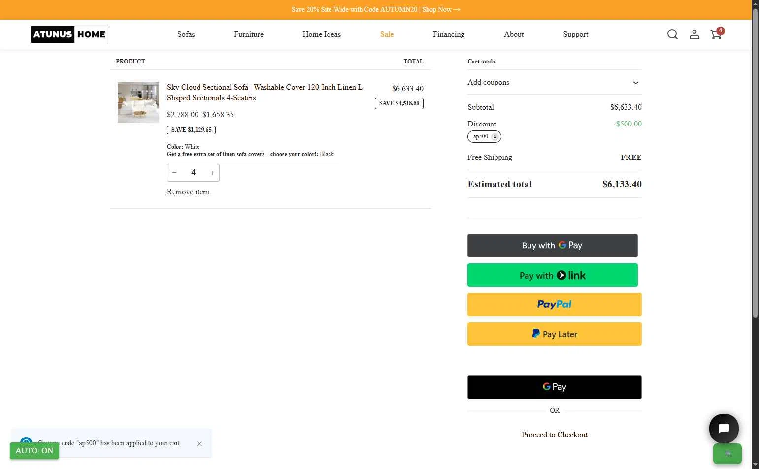 Atunus Home Furniture checkout page showing Atunus Home Furniture promo code box | Screenshot taken by SimplyCodes community member on Oct 31, 2025