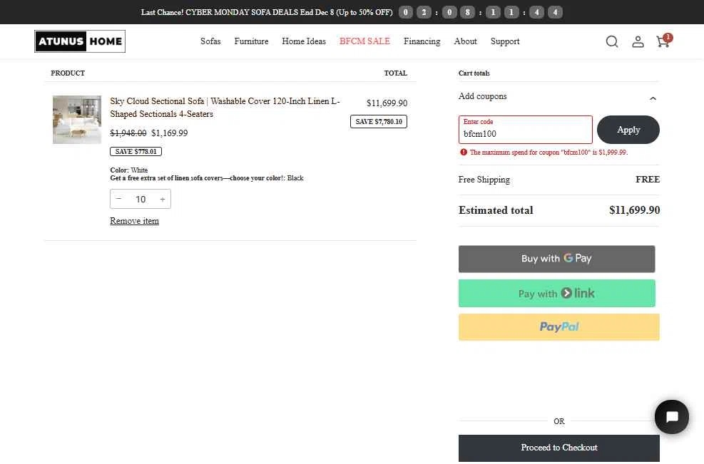 Atunus Home Furniture checkout page showing Atunus Home Furniture promo code box | Screenshot taken by SimplyCodes community member on Dec 6, 2025