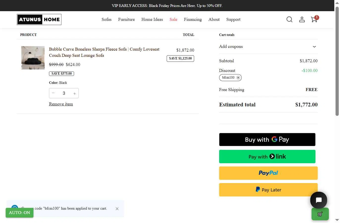 Atunus Home Furniture checkout page showing Atunus Home Furniture promo code box | Screenshot taken by SimplyCodes community member on Nov 7, 2025
