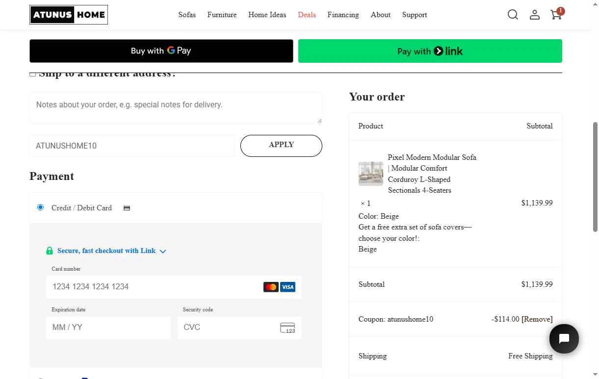 Atunus Home Furniture checkout page showing Atunus Home Furniture promo code box | Screenshot taken by SimplyCodes community member on Jan 11, 2026