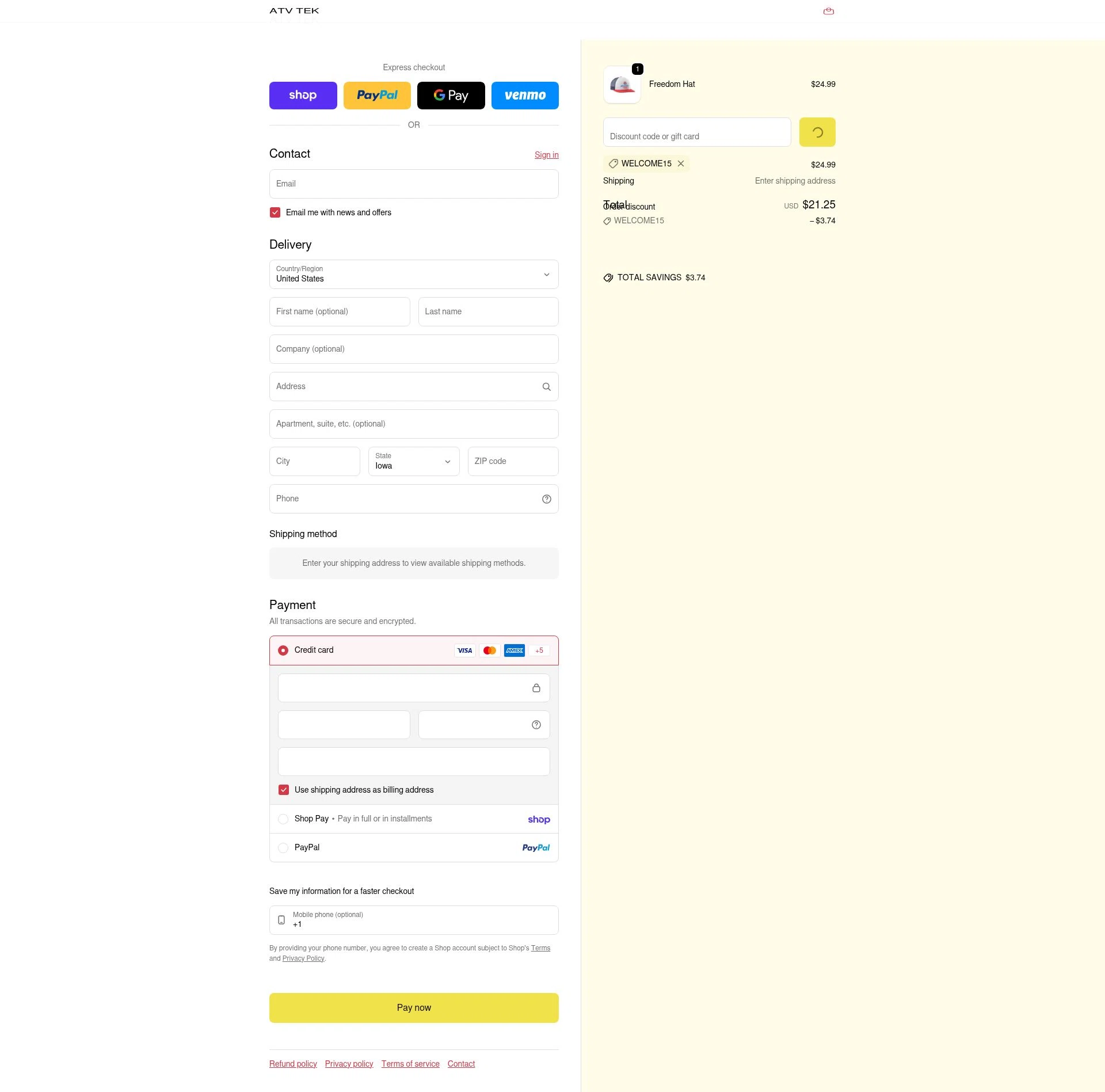 ATV TEK checkout page showing ATV TEK discount code box | Screenshot taken by SimplyCodes community member on Feb 2, 2026