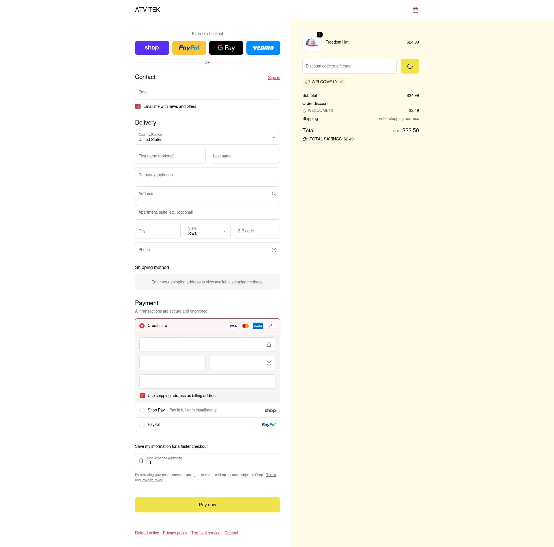 ATV TEK checkout page showing ATV TEK discount code box | Screenshot taken by SimplyCodes community member on Feb 10, 2026