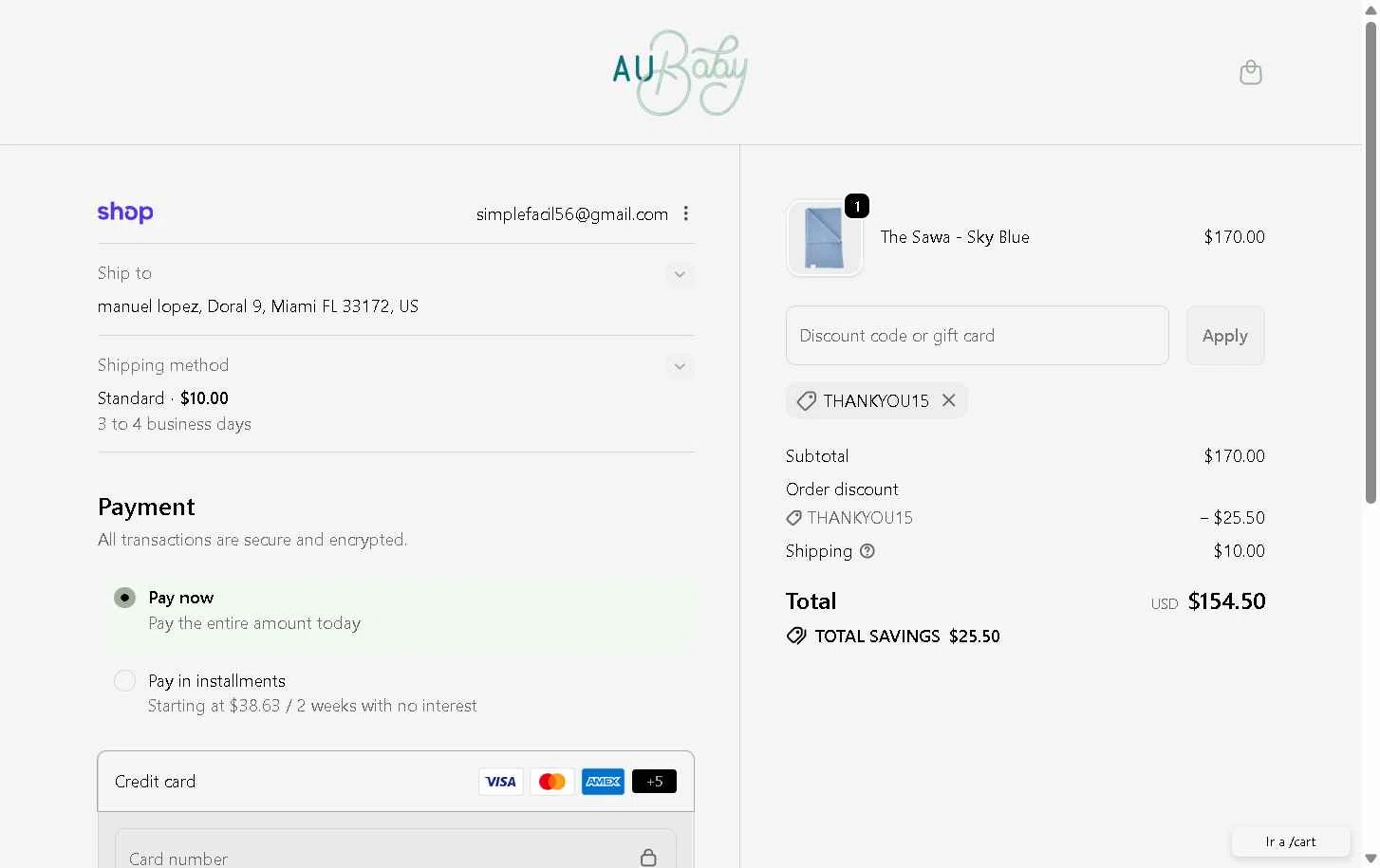 AU Baby checkout page showing AU Baby promo code box | Screenshot taken by SimplyCodes community member on Dec 23, 2025