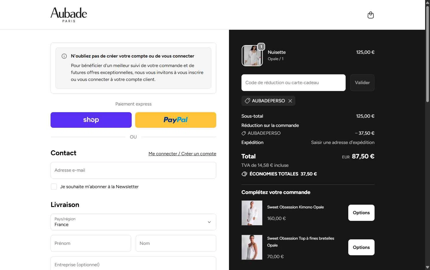 Aubade checkout page showing Aubade promo code box | Screenshot taken by SimplyCodes community member on Feb 15, 2026