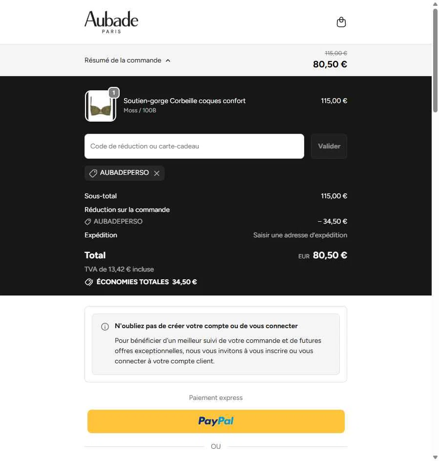Aubade checkout page showing Aubade promo code box | Screenshot taken by SimplyCodes community member on Nov 20, 2025