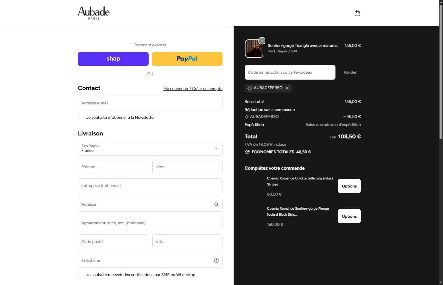 Aubade checkout page showing Aubade promo code box | Screenshot taken by SimplyCodes community member on Dec 19, 2025