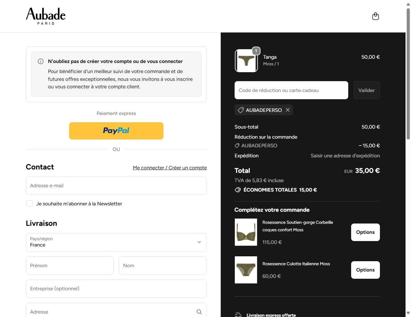 Aubade checkout page showing Aubade promo code box | Screenshot taken by SimplyCodes community member on Oct 3, 2025