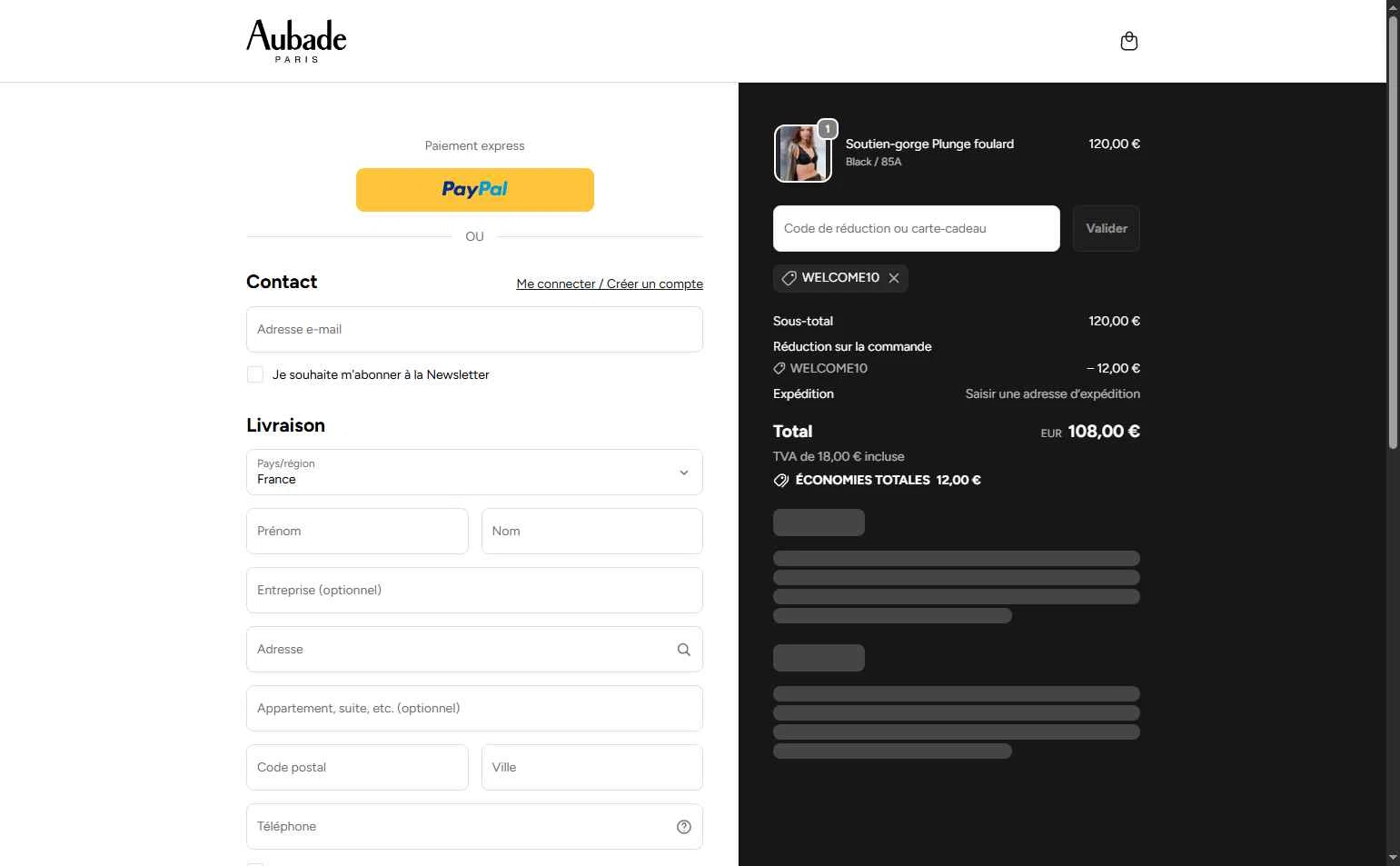 Aubade checkout page showing Aubade promo code box | Screenshot taken by SimplyCodes community member on Oct 1, 2025