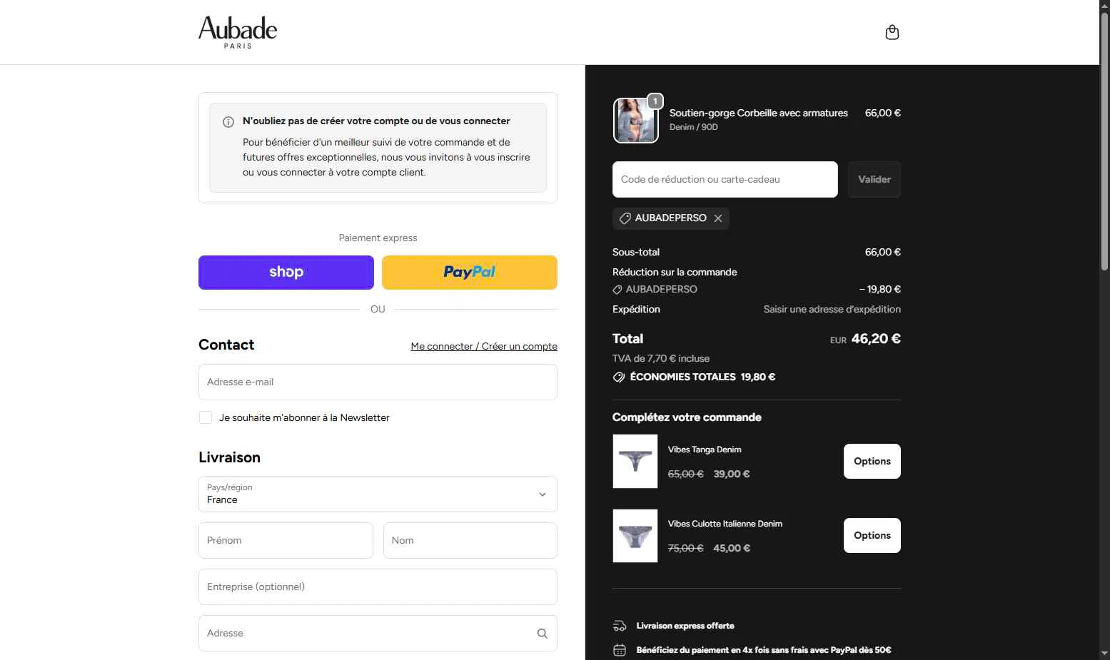 Aubade checkout page showing Aubade promo code box | Screenshot taken by SimplyCodes community member on Jan 17, 2026