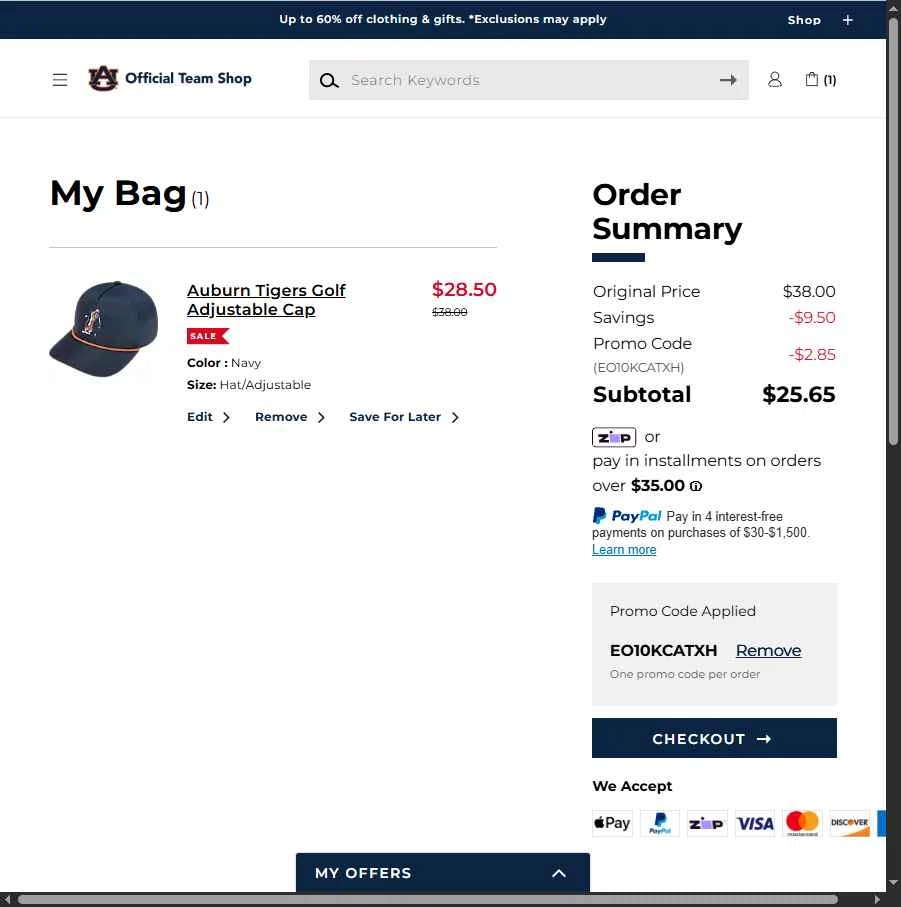 Auburn Tigers checkout page showing Auburn Tigers promo code box | Screenshot taken by SimplyCodes community member on Feb 12, 2026