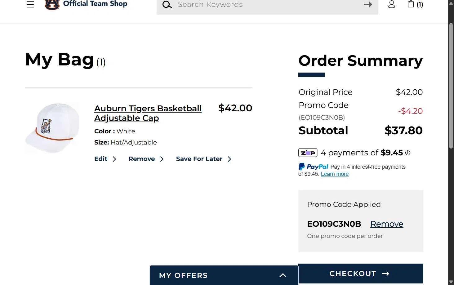 Auburn Tigers checkout page showing Auburn Tigers promo code box | Screenshot taken by SimplyCodes community member on Feb 9, 2026