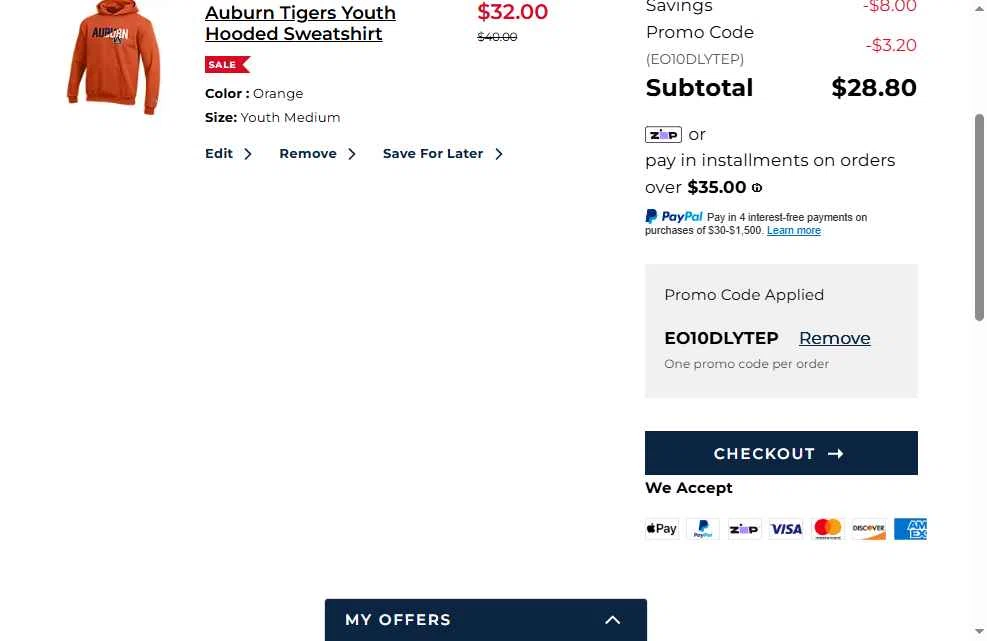 Auburn Tigers checkout page showing Auburn Tigers promo code box | Screenshot taken by SimplyCodes community member on Feb 20, 2026