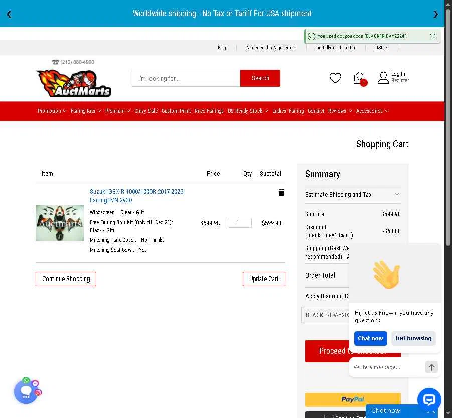 Auctmarts checkout page showing Auctmarts discount code box | Screenshot taken by SimplyCodes community member on Nov 13, 2025