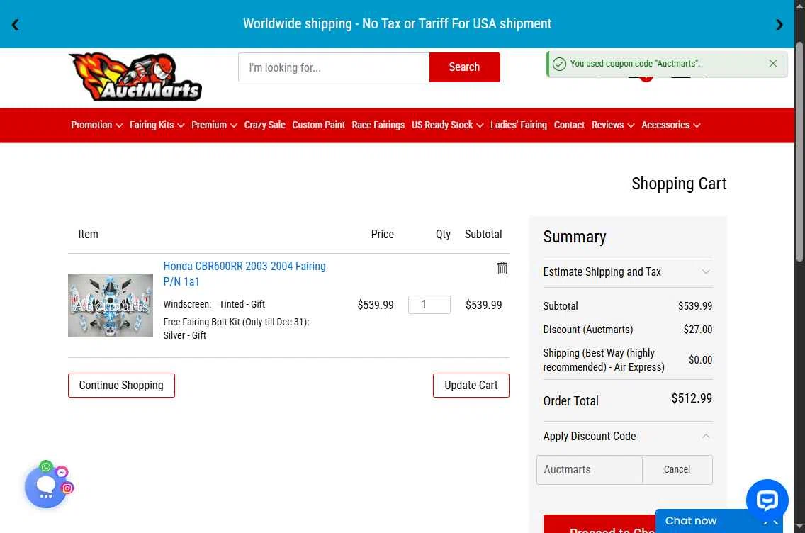 Auctmarts checkout page showing Auctmarts discount code box | Screenshot taken by SimplyCodes community member on Nov 10, 2025