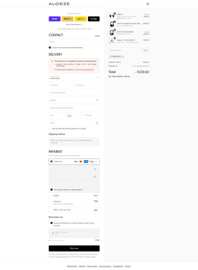 Audeze checkout page showing Audeze discount code box | Screenshot taken by SimplyCodes community member on Sep 7, 2025