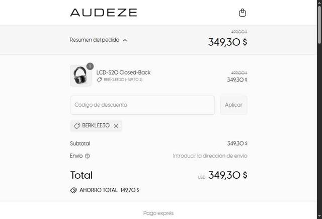 Audeze checkout page showing Audeze discount code box | Screenshot taken by SimplyCodes community member on Sep 7, 2025