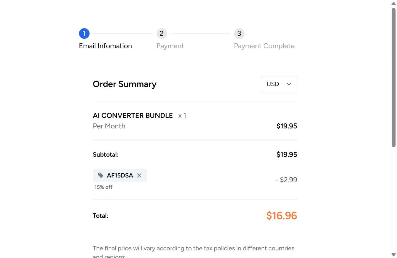 AudFree checkout page showing AudFree discount code box | Screenshot taken by SimplyCodes community member on Dec 15, 2025