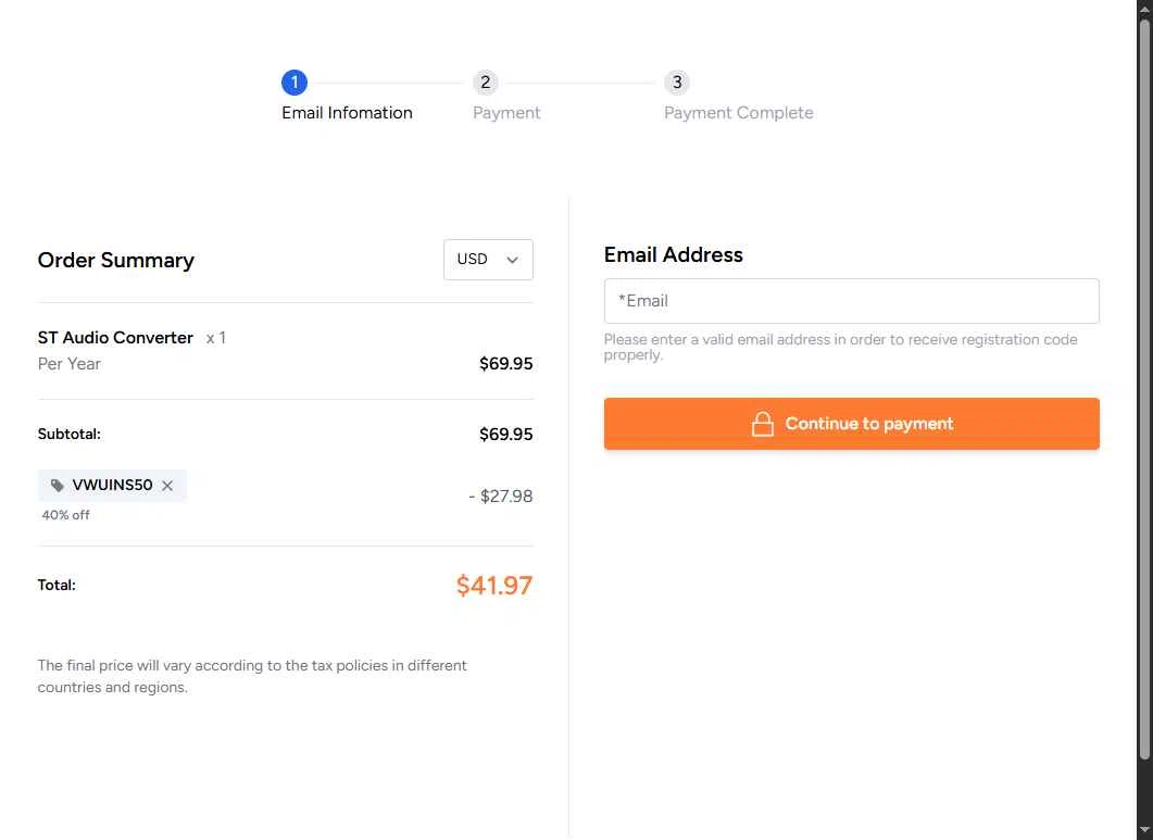 AudFree checkout page showing AudFree discount code box | Screenshot taken by SimplyCodes community member on Jan 13, 2026