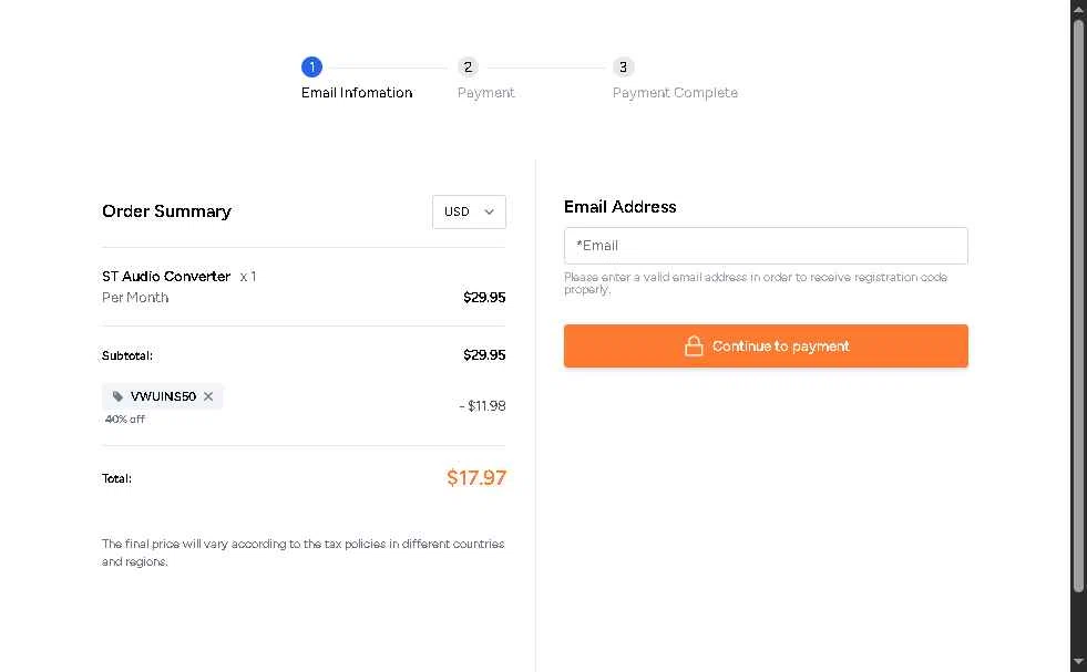 AudFree checkout page showing AudFree discount code box | Screenshot taken by SimplyCodes community member on Jan 24, 2026