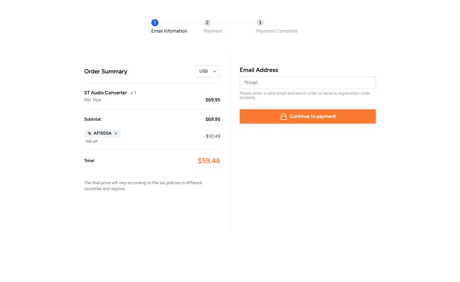 AudFree checkout page showing AudFree discount code box | Screenshot taken by SimplyCodes community member on Jan 13, 2026