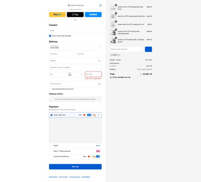 Audien Hearing checkout page showing Audien Hearing discount code box | Screenshot taken by SimplyCodes community member on Sep 4, 2025