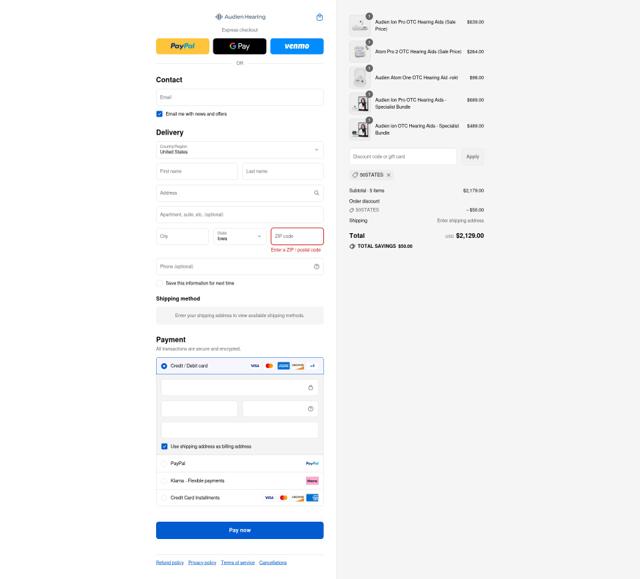 Audien Hearing checkout page showing Audien Hearing discount code box | Screenshot taken by SimplyCodes community member on Sep 4, 2025