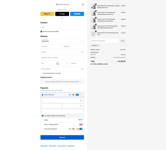 Audien Hearing checkout page showing Audien Hearing discount code box | Screenshot taken by SimplyCodes community member on Sep 12, 2025