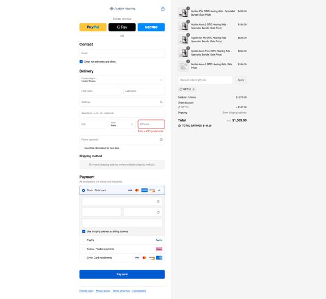 Audien Hearing checkout page showing Audien Hearing discount code box | Screenshot taken by SimplyCodes community member on Sep 8, 2025