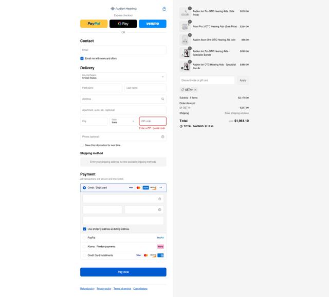 Audien Hearing checkout page showing Audien Hearing discount code box | Screenshot taken by SimplyCodes community member on Aug 27, 2025