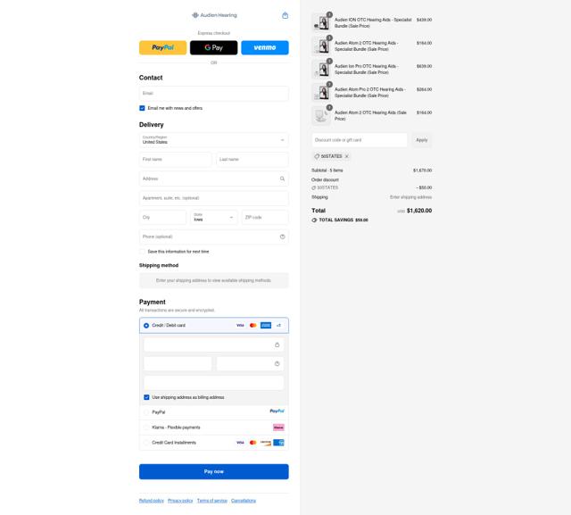 Audien Hearing checkout page showing Audien Hearing discount code box | Screenshot taken by SimplyCodes community member on Sep 12, 2025