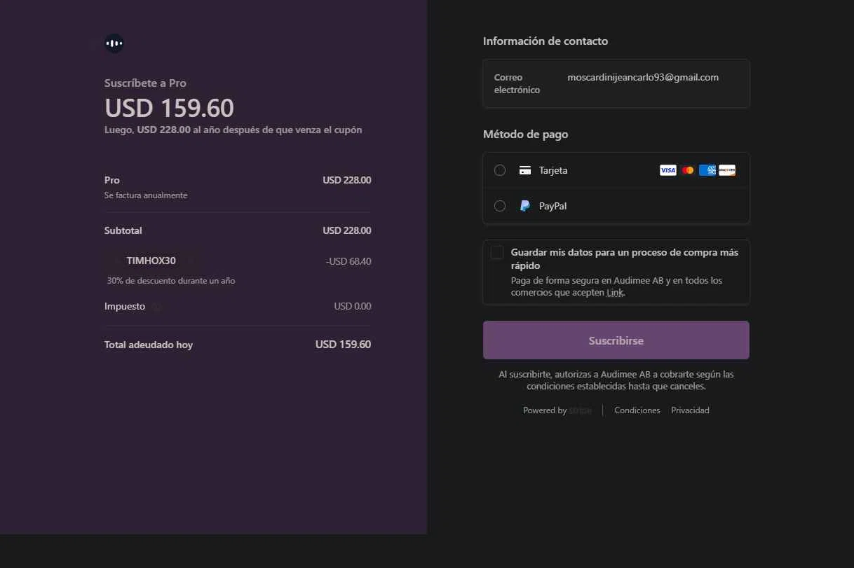 Audimee checkout page showing Audimee promo code box | Screenshot taken by SimplyCodes community member on Jan 22, 2026