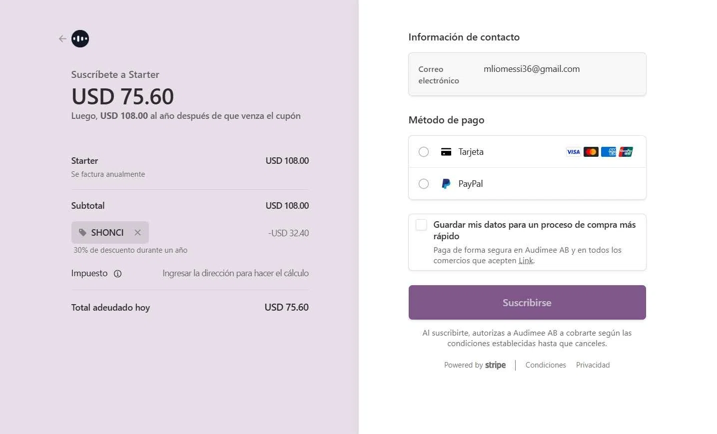 Audimee checkout page showing Audimee promo code box | Screenshot taken by SimplyCodes community member on Jan 30, 2026