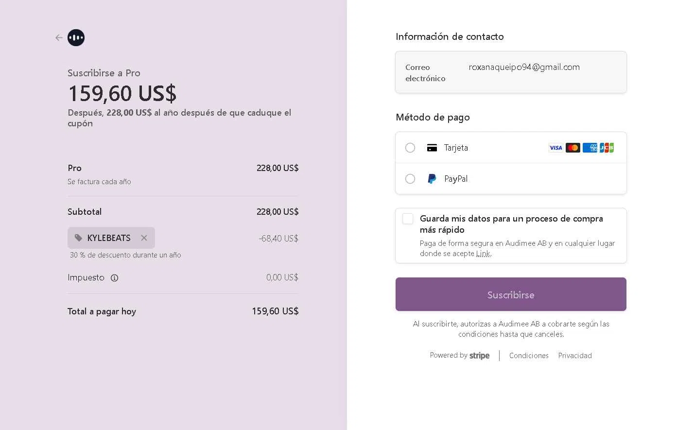 Audimee checkout page showing Audimee promo code box | Screenshot taken by SimplyCodes community member on Jan 22, 2026