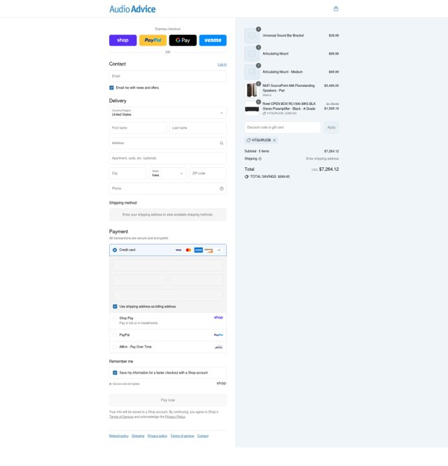 Audio Advice checkout page showing Audio Advice discount code box | Screenshot taken by SimplyCodes community member on Sep 1, 2025
