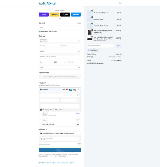 Audio Advice checkout page showing Audio Advice discount code box | Screenshot taken by SimplyCodes community member on Aug 29, 2025