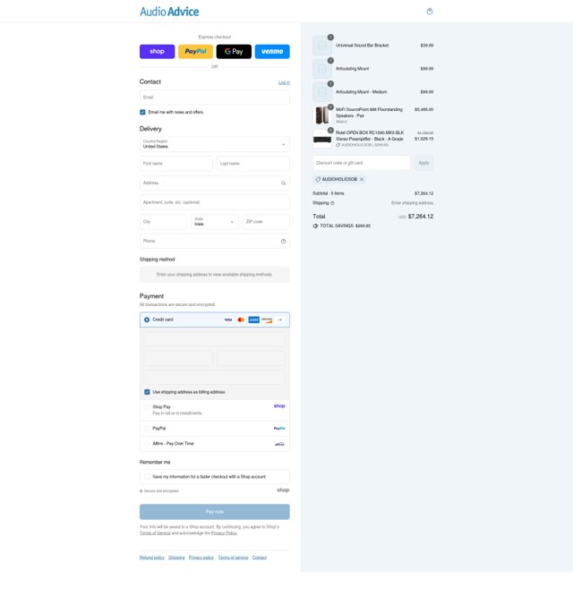Audio Advice checkout page showing Audio Advice discount code box | Screenshot taken by SimplyCodes community member on Sep 2, 2025