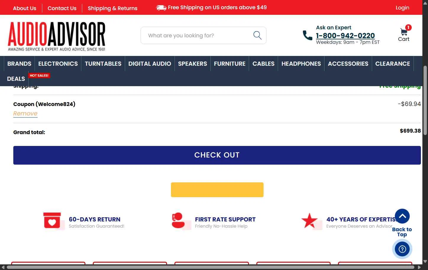Audio Advisor checkout page showing Audio Advisor promo code box | Screenshot taken by SimplyCodes community member on Jul 18, 2025