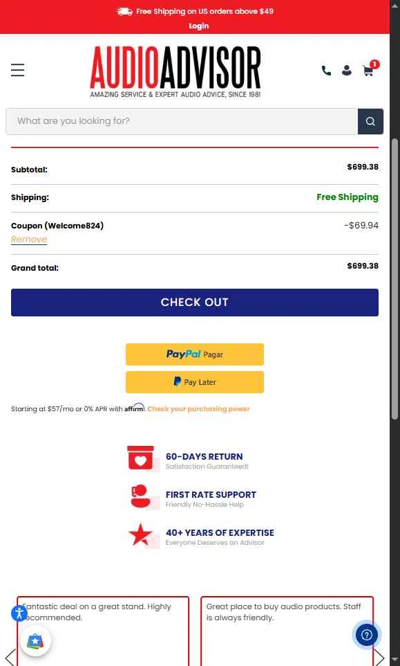 Audio Advisor checkout page showing Audio Advisor promo code box | Screenshot taken by SimplyCodes community member on Aug 16, 2025