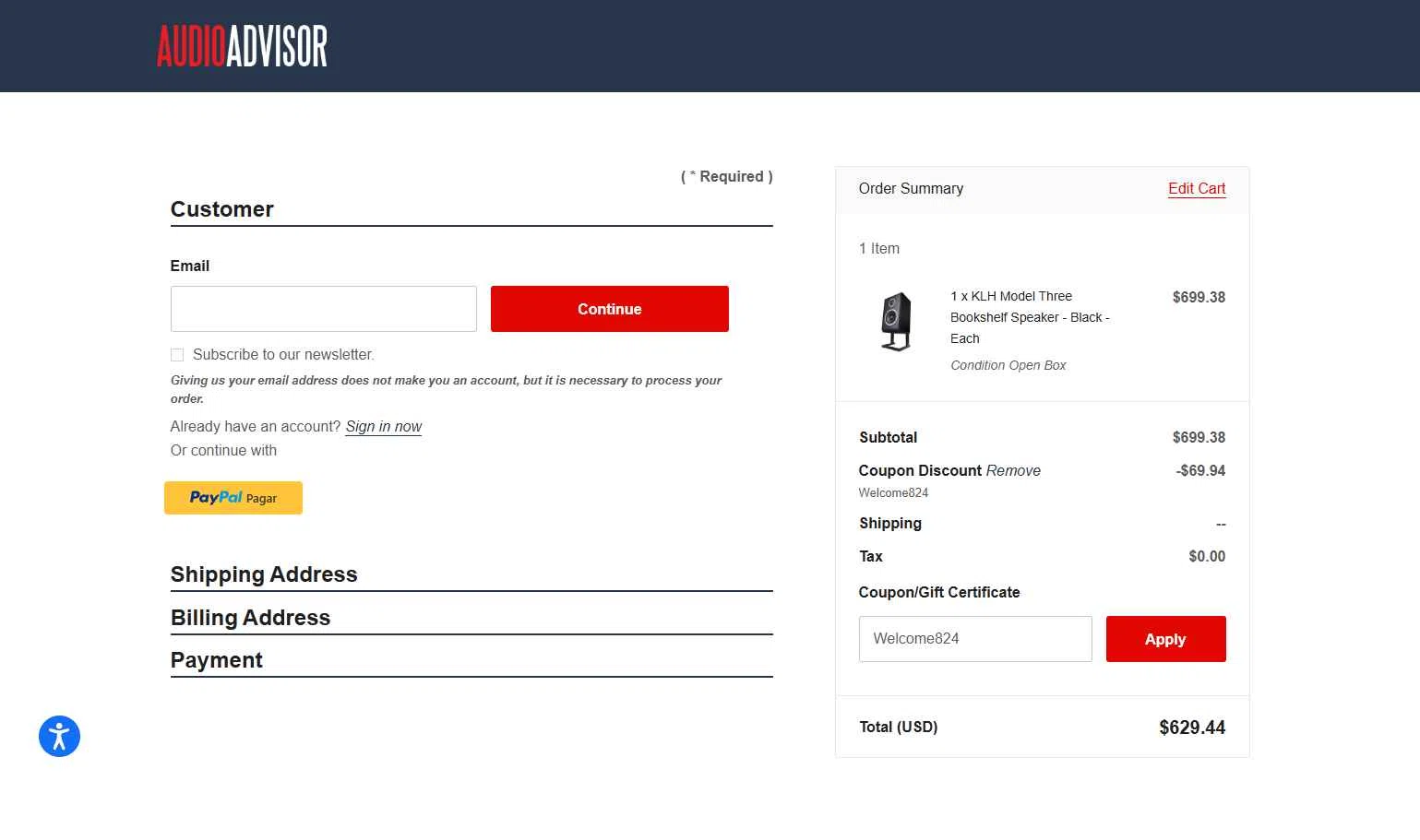 Audio Advisor checkout page showing Audio Advisor promo code box | Screenshot taken by SimplyCodes community member on Aug 29, 2025